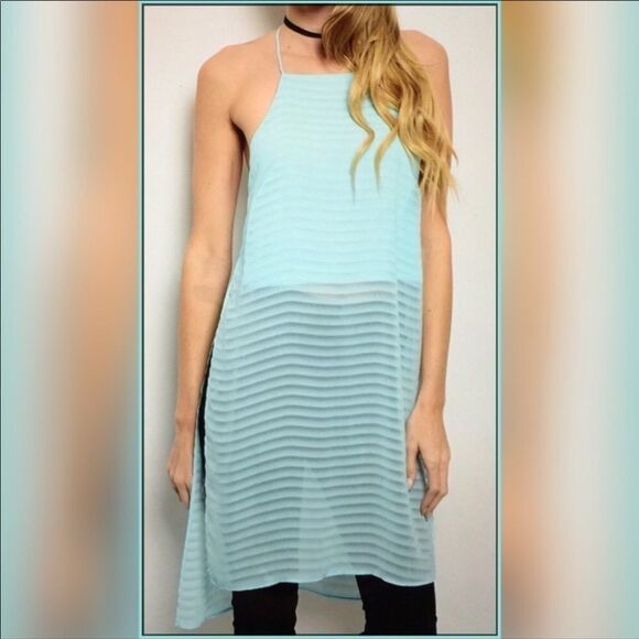 NEW Blue Square Neckline High Split Hemline Tunic Tank Top Beach Cover - Picture 3 of 3